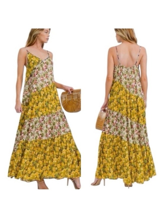 Easel Dresses & Skirts - Easel Yellow Floral Print Tiered Patchwork Maxi Sundress Size L (22”-24”PTP) NWT